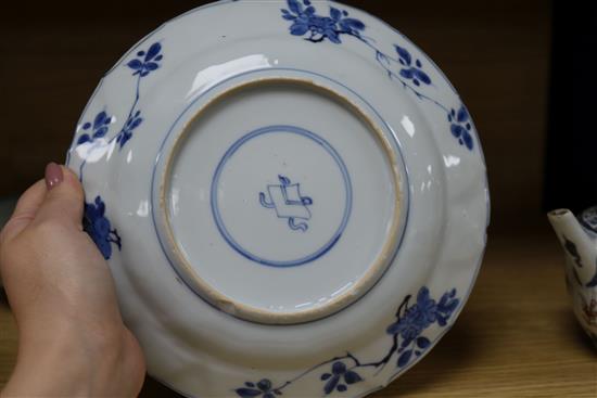 18th century Chinese porcelain: a blue and white plate, a bowl and an Imari teapot and cover